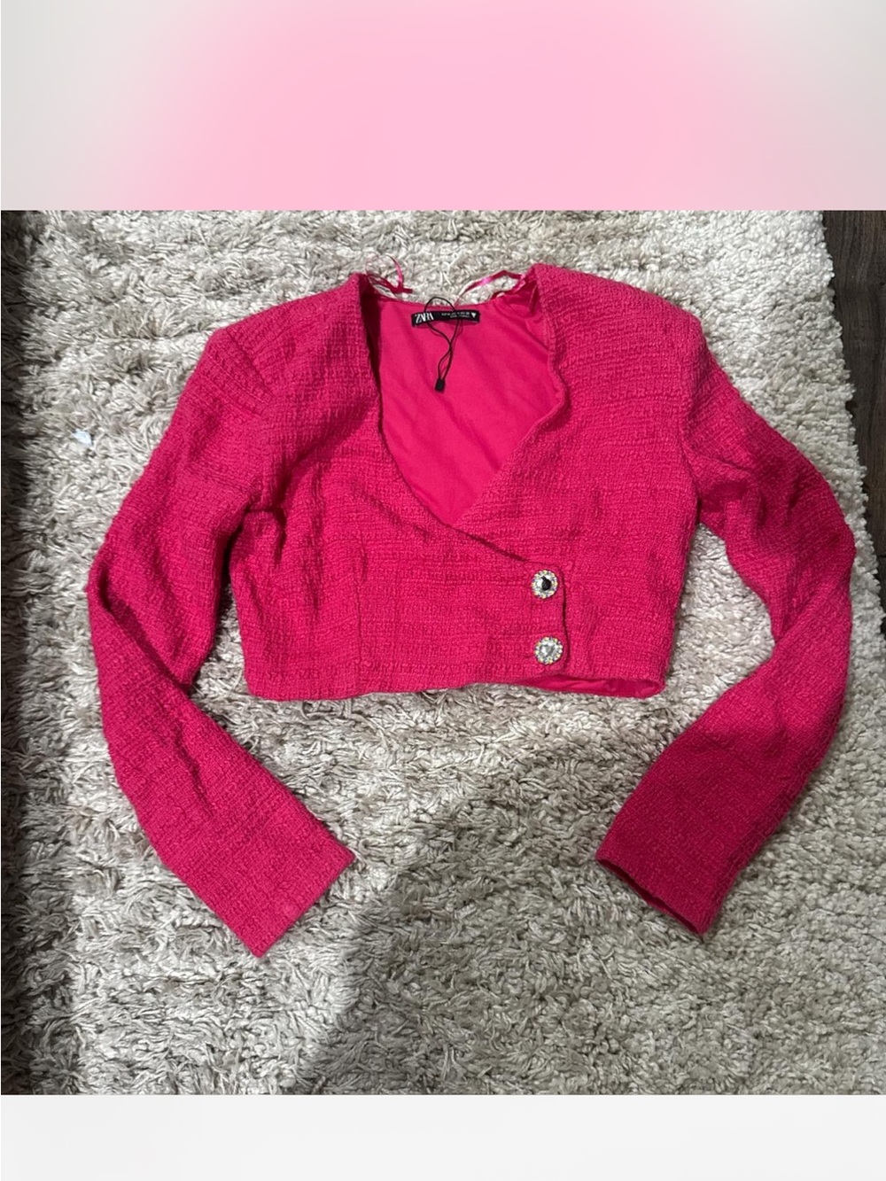 Zara Hot Pink Cropped Knit Bolero with Embellished Buttons